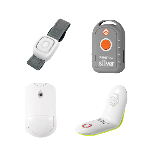 Le pack sécurité de Telegrafik comprenant un bracelet détection de chute, de l'actimétrie, et un bouton gps